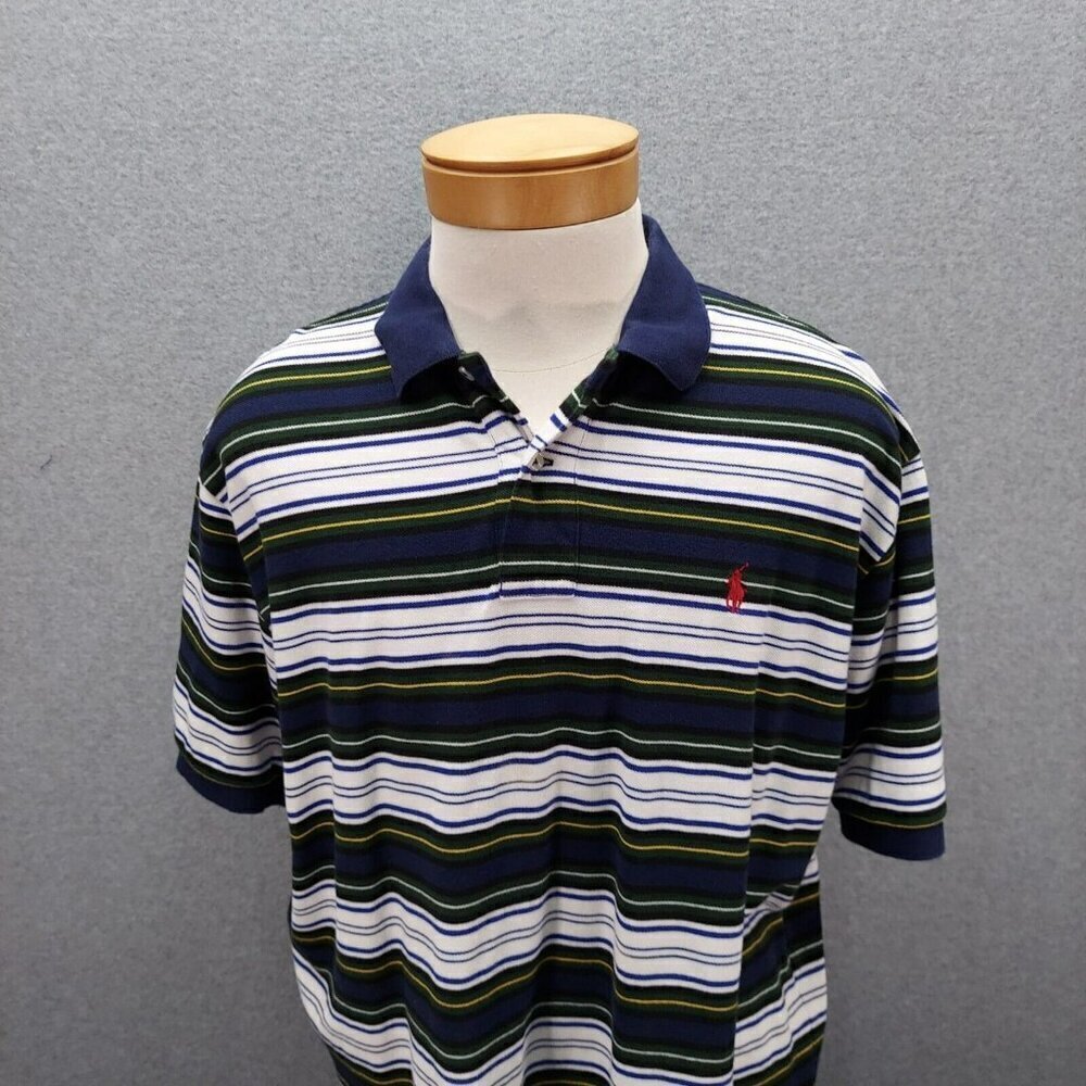 Ralph Lauren Polo Shirt Mens 2XL XXL Extra Large Blue Green Striped Short Sleeve